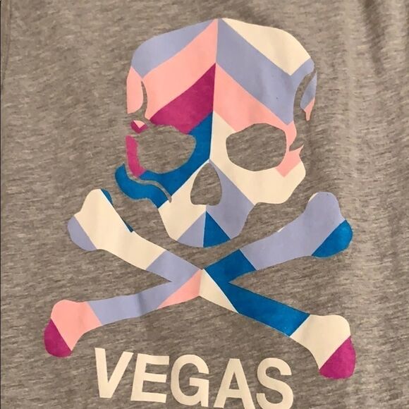 Soulcycle Vegas Print Filled Skull Grey Tank Sz S - Picture 4 of 6